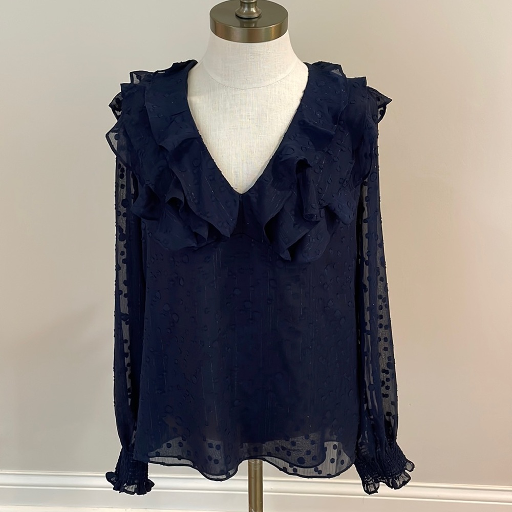 Like New! Anthropologie Hutch blouse navy check with ruffles size L